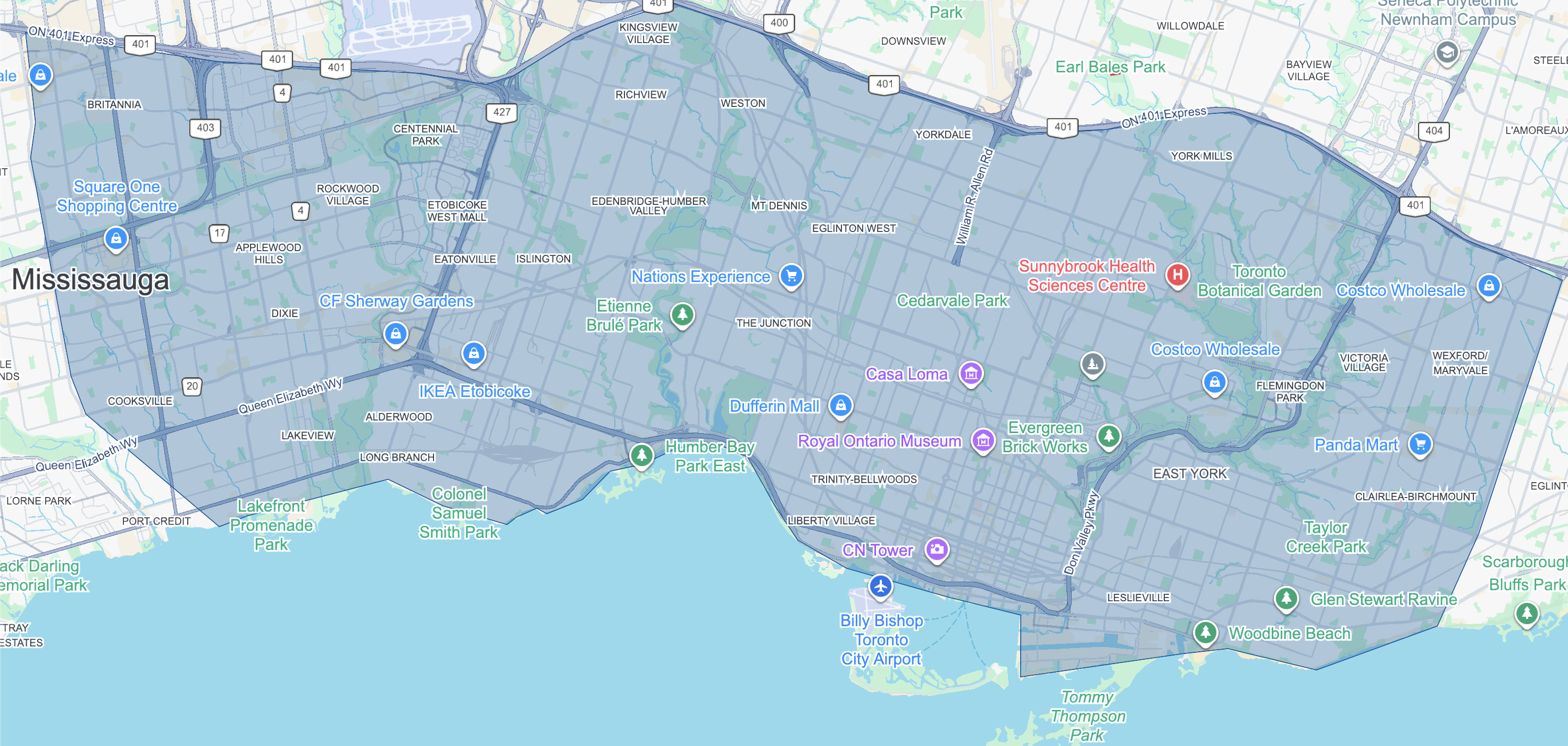 Service area map showing ClearStone coverage across Toronto and surrounding west-end neighborhoods